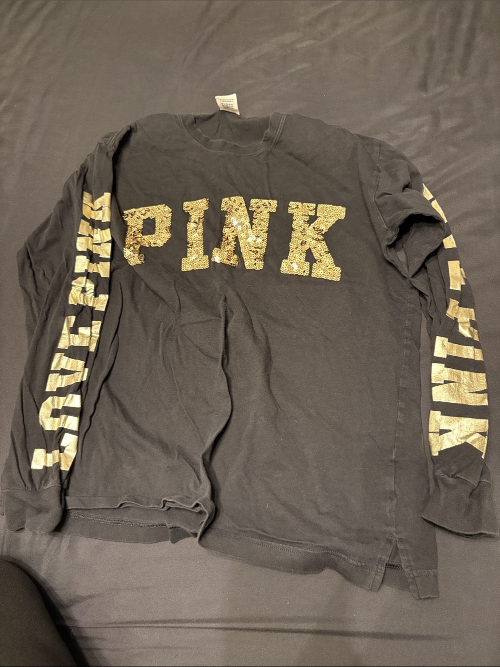 PINK Victoria's Secret Black Long Sleeve Tee with Gold Logo
